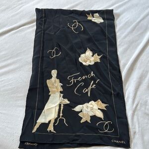 CHANEL Black and Cream Silk Scarf with Floral Design